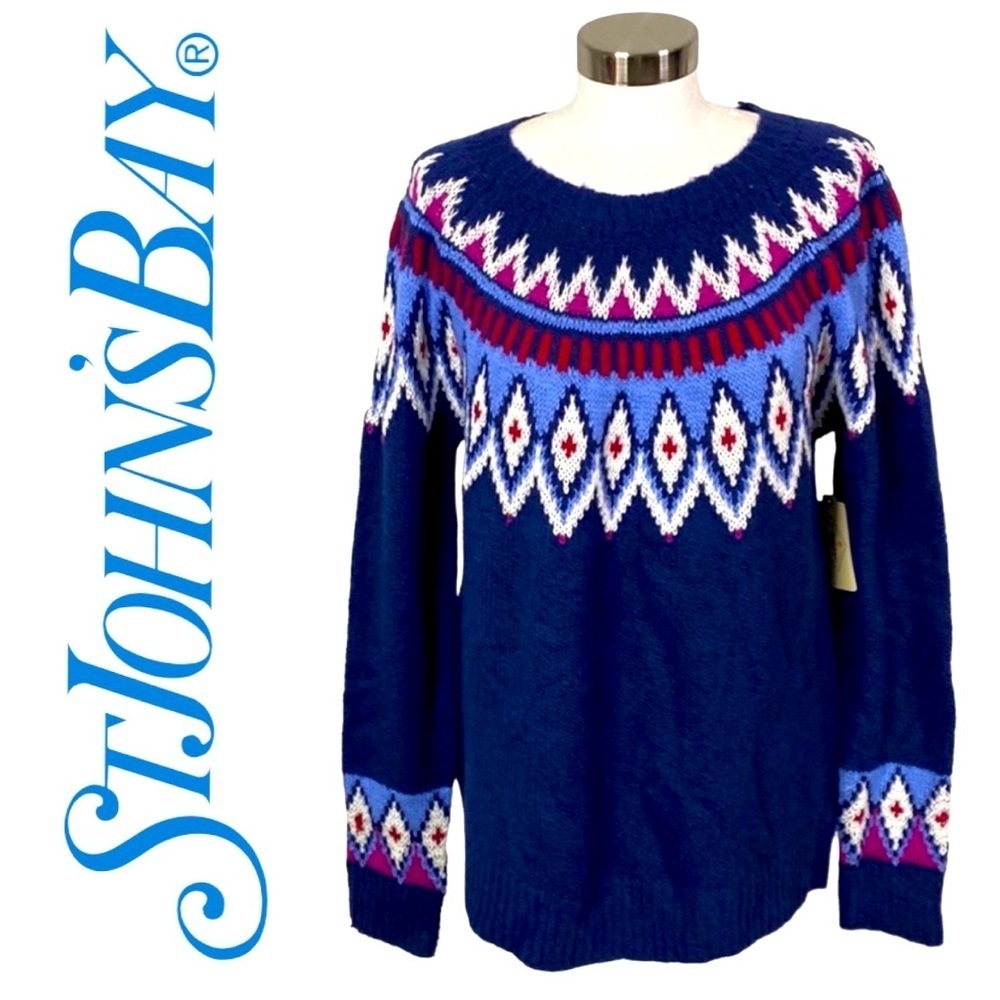 ST JOHNโS BAY Womenโs Navy, Red, Twilight & White Mock Neck Sweater Sz L NWT โ๏ธ
